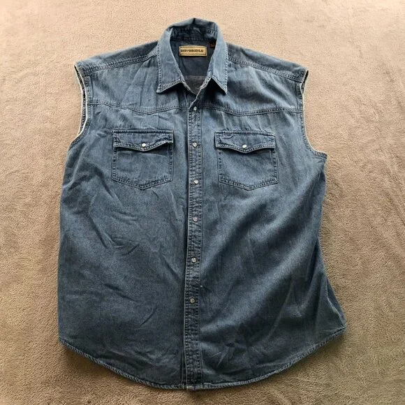 Bit & Bridle Men's Chambre Shirt XL Sleeveless Button Up Pocket Blue Denim Casua - Picture 13 of 15